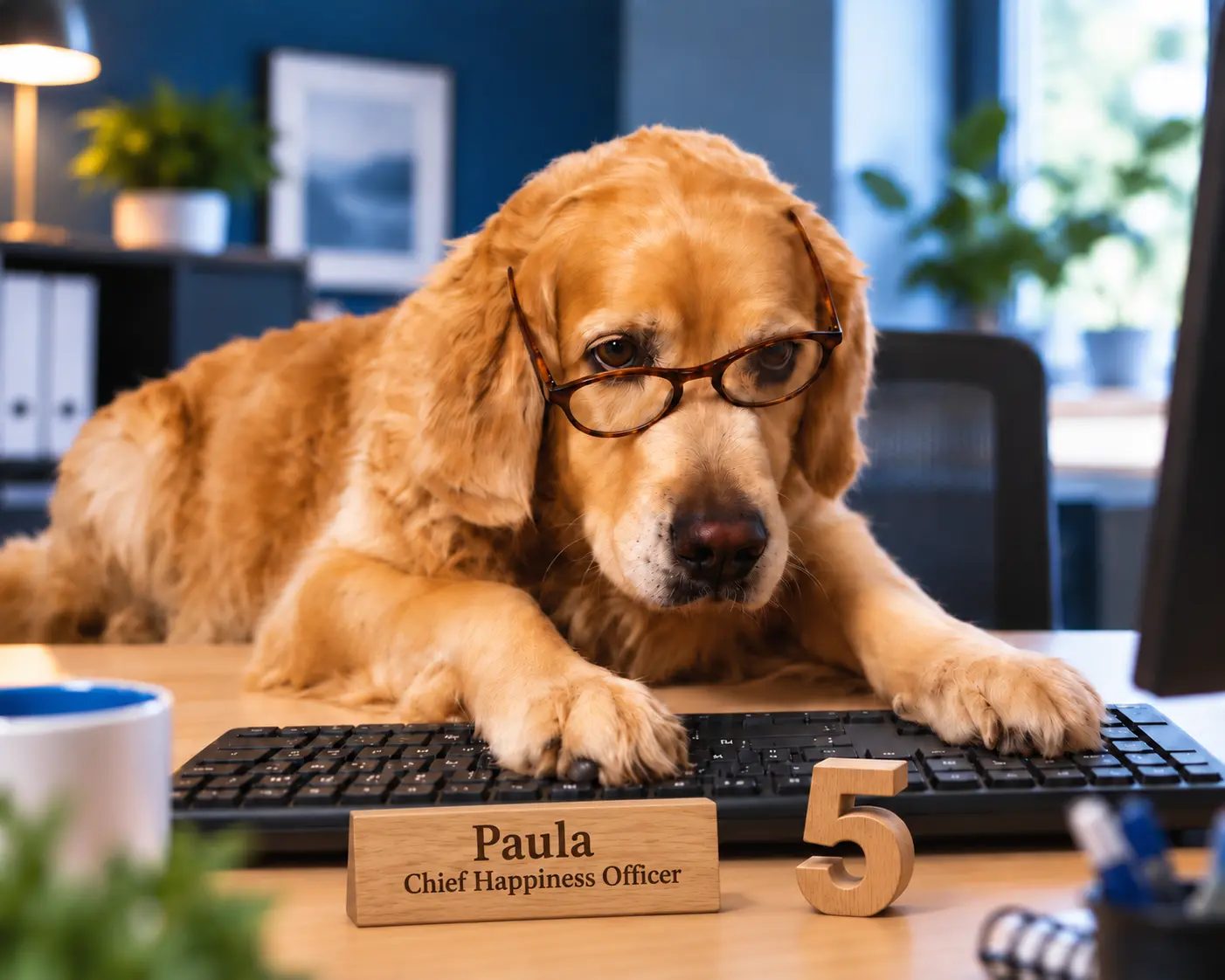 Bürohund Paula mit Brille an einer Tastatur vor unscharfem Bürohintergrund